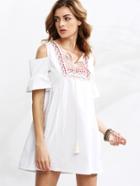 Shein White Open Shoulder Tie Neck Embroidered Dress