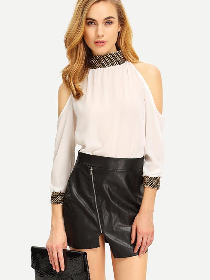 Shein Open Shoulder Sequin Collar Chiffon Blouse