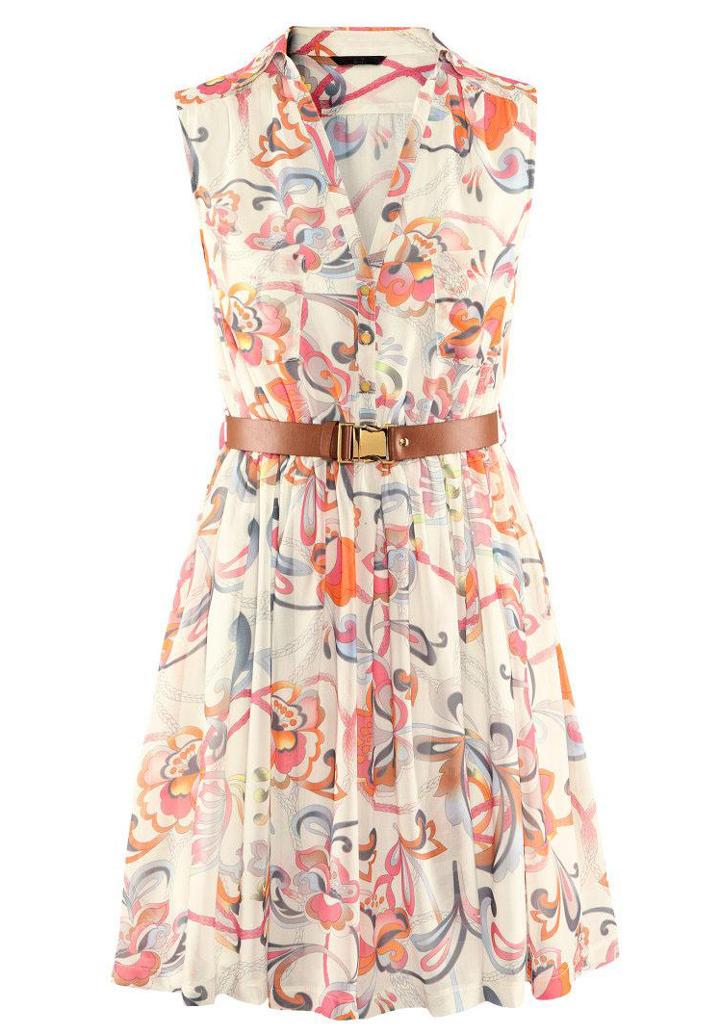 Shein Beige Foam Sleeveless Floral Belt Chiffon Dress