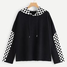 Shein Plus Drawstring Hoodie Plaid Panel Sweatshirt