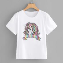 Shein Cartoon Embroidered Applique Print Tee