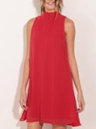 Shein Red Stand Collar Self-tie Back Neck Chiffon Shift Dress