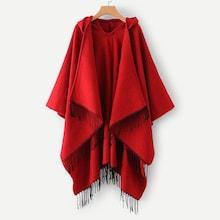 Shein Fringe Hem Hooded Poncho Sweater
