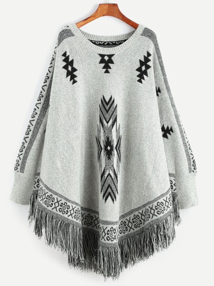 Shein Grey Geo Pattern Fringe Trim Poncho Sweater