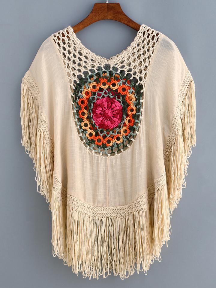 Shein Apricot Crochet Hollow Out Fringe Shirt