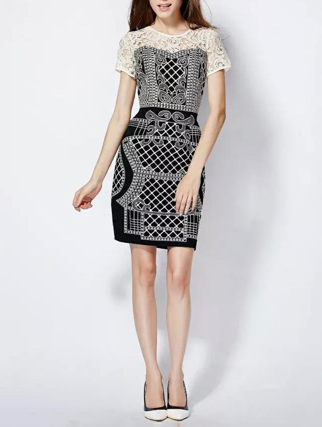 Shein Black Round Neck Short Sleeve Embroidered Lace Dress