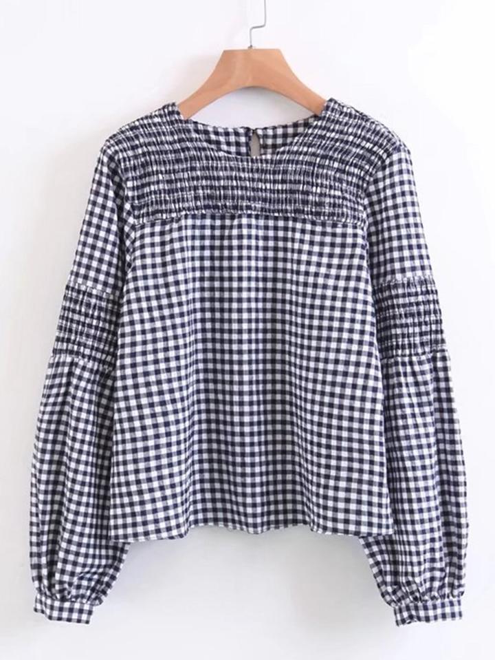 Shein Shirred Detail Gingham Blouse