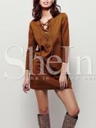 Shein Brown Round Neck Lace Up Dress