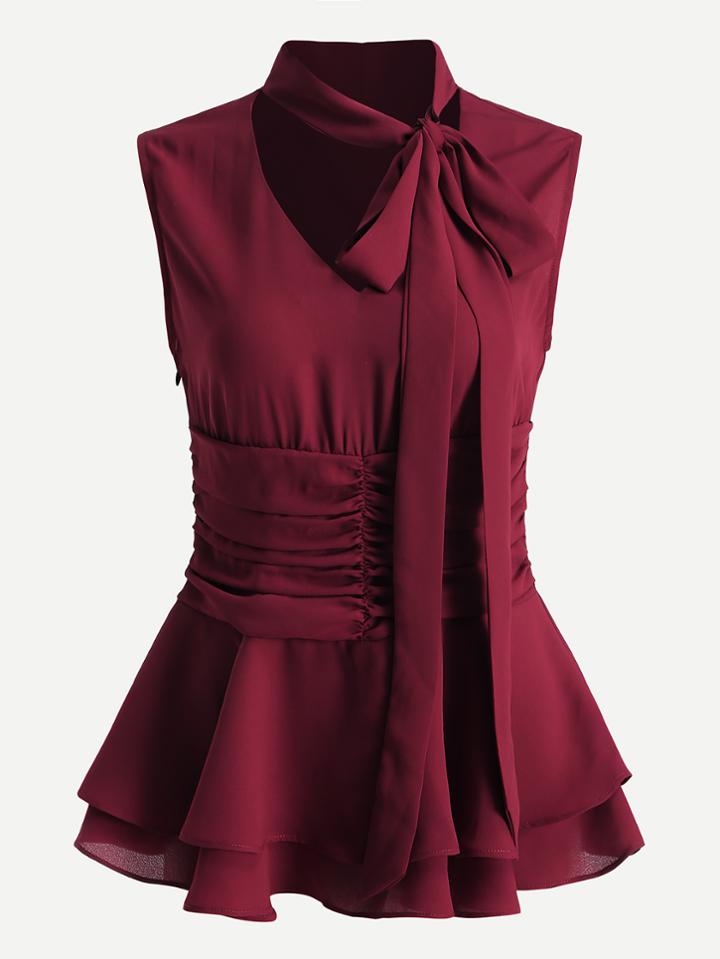 Shein Tie Neck Ruched Waist Layered Peplum Blouse