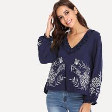 Shein Botanical Embroidered Ruffle Blouse