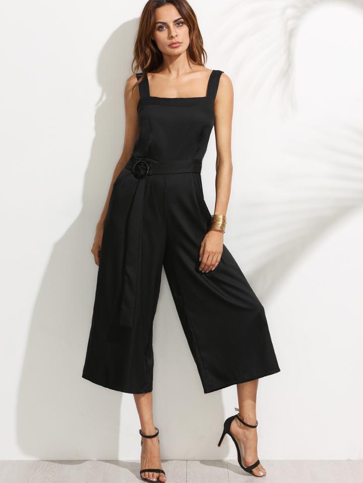 Shein Black Ring Waist Tie Wide Leg Jumpsuit