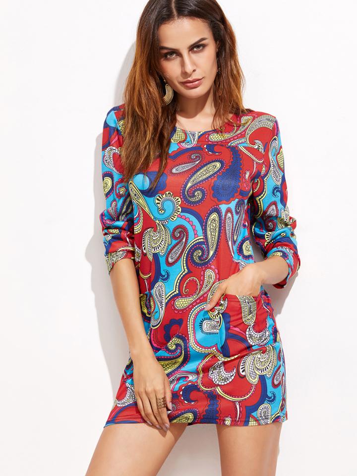 Shein Paisley Print Long Sleeve Dress With Pockets