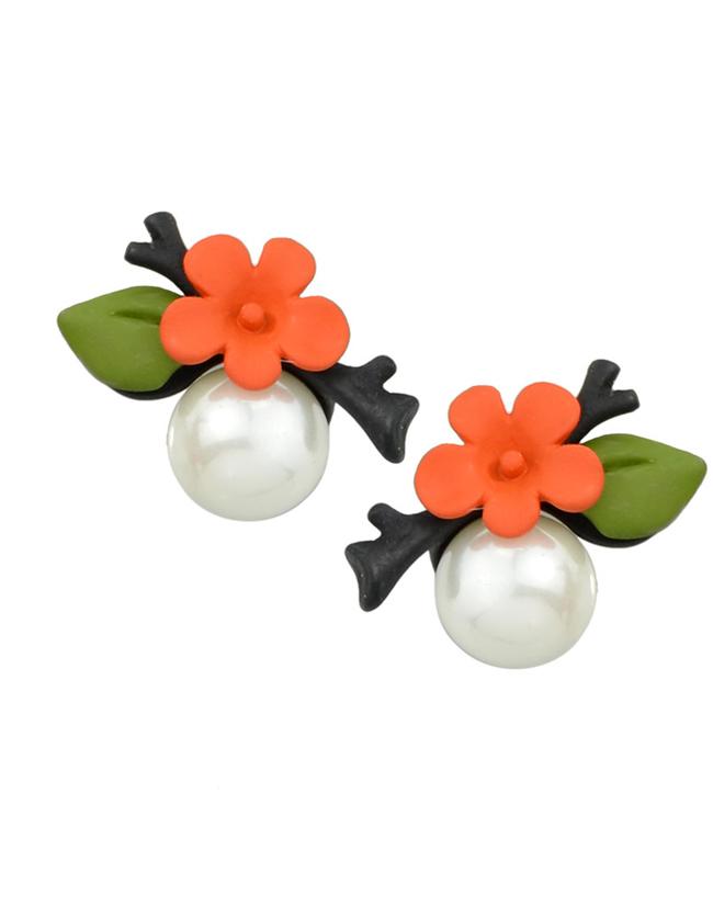 Shein Orange Flower Pearl Stud Earrings