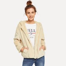 Shein Pocket Front Fluffy Hooded Teddy Coat