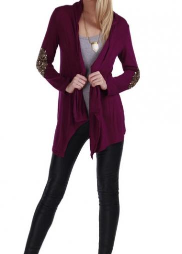 Rosewe Sequined Sleeve Purplish Red Asymmetric Cardigans