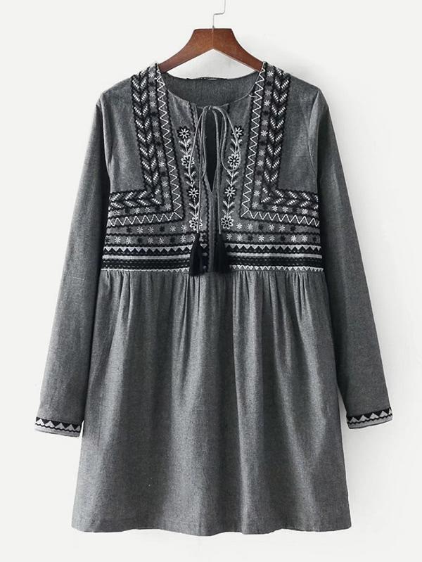 Shein Tassel Tie Neck Embroidery Babydoll Dress