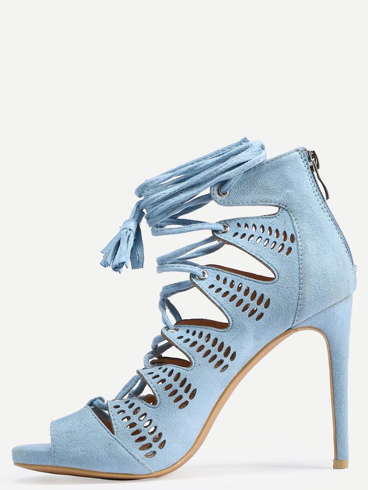 Shein Faux Suede Lace-up Platform Heels - Light Blue