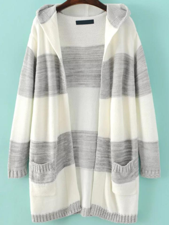 Shein Color Block Hooded Cardigan With Pockets
