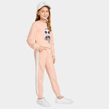 Shein Girls Graphic Pullover & Contrast Side Seam Pants Set