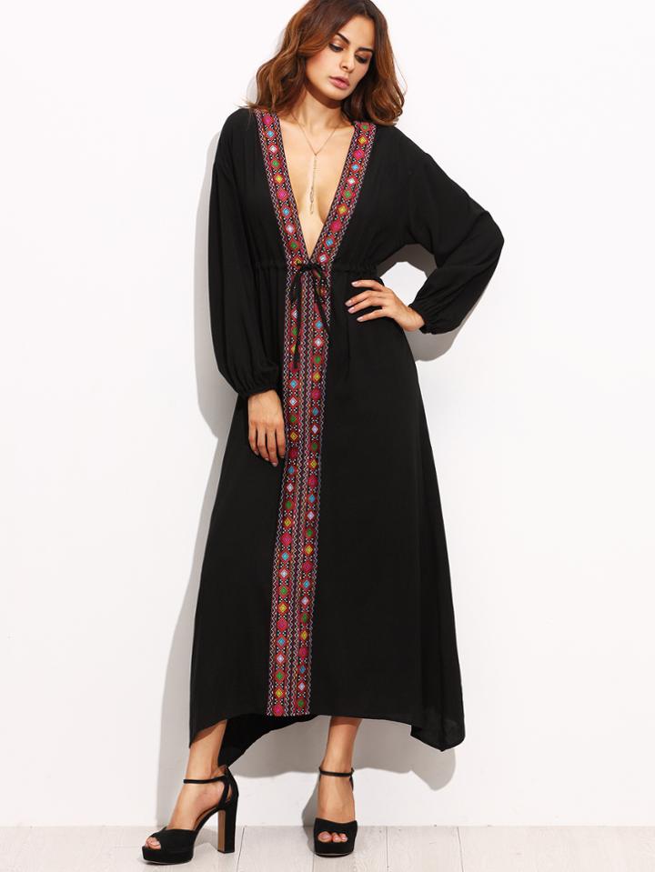 Shein Deep Plunge Neck Embroidered Tape Detail Dress