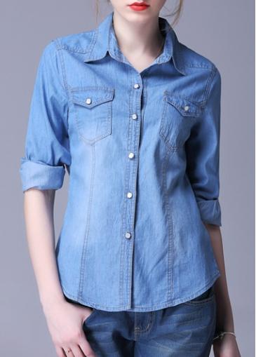 Rosewe Button Closure Turndown Collar Denim Shirt