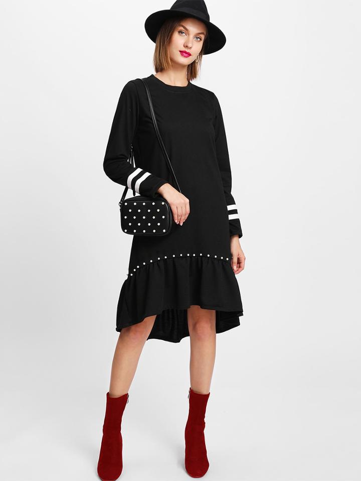 Shein Varsity Striped Pearl Beaded Dip Hem Dress