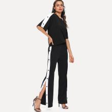 Shein Stripe Contrast Button Top & Split Wide Leg Pants