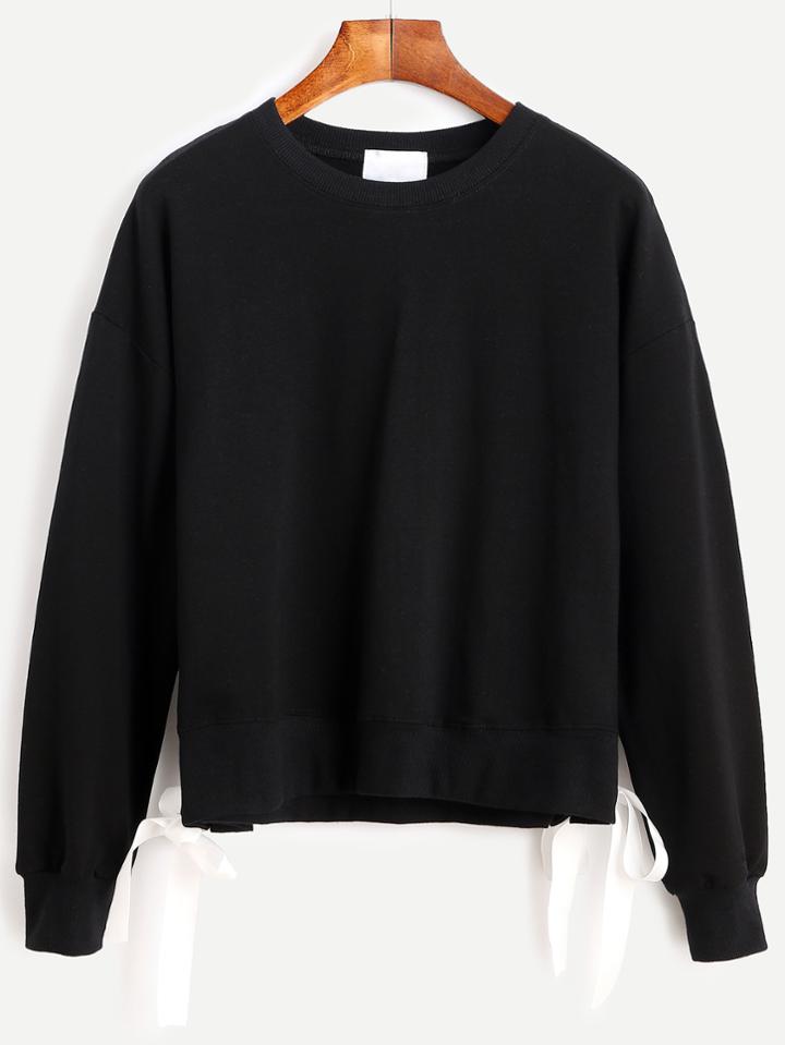 Shein Black Drop Shoulder Eyelet Tie Side Sweatshirt
