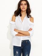 Shein White Ruffle Open Shoulder Hidden Button Blouse