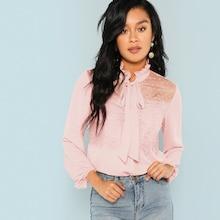Shein Tie Neck Lace Contrast Solid Top