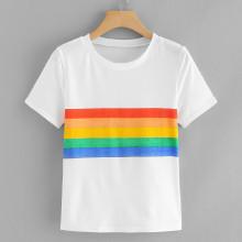 Shein Contrast Rainbow Striped Tee