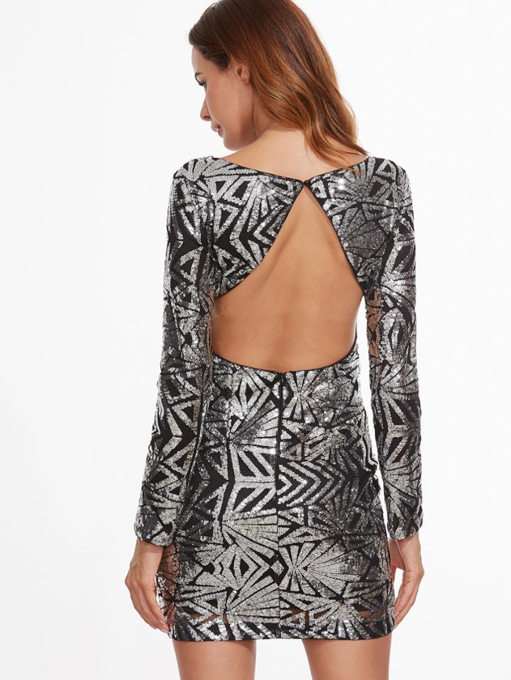 Shein Metallic Silver Geo Sequin Open Back Bodycon Dress