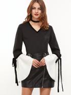 Shein Black V Neck Bow Tie Contrast Bell Cuff Top