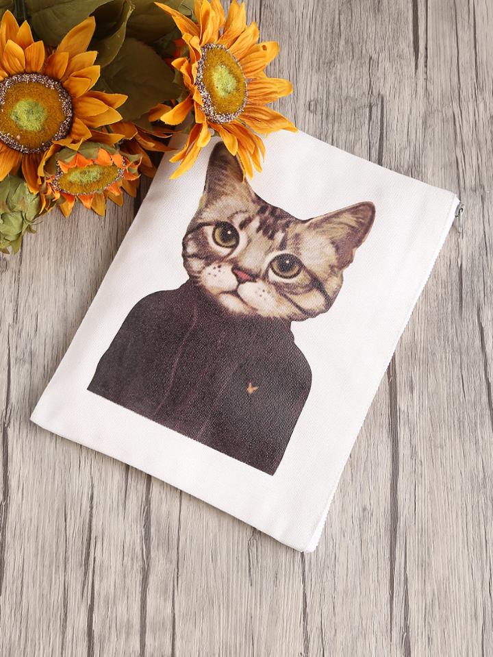 Shein Cat Print Canvas Clutch Bag