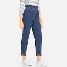 Shein Paperbag Waist Leopard Panel Jeans