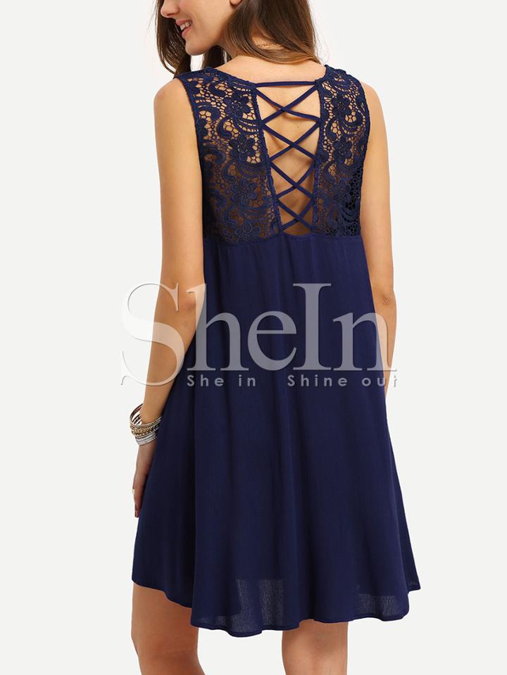 Shein Royal Blue Sleeveless Lace Up Back Pleated Dress