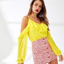 Shein Open Shoulder Solid Ruffle Blouse