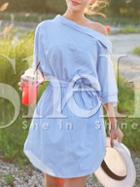 Shein Blue Periwinkle Shouldered Half Sleeve Off The Shoulder Striped Dress