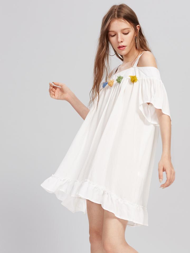 Shein Colorful Tassel Trim Frill Hem Dress