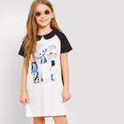 Shein Girls Zip Back Figure Print Collar Dress