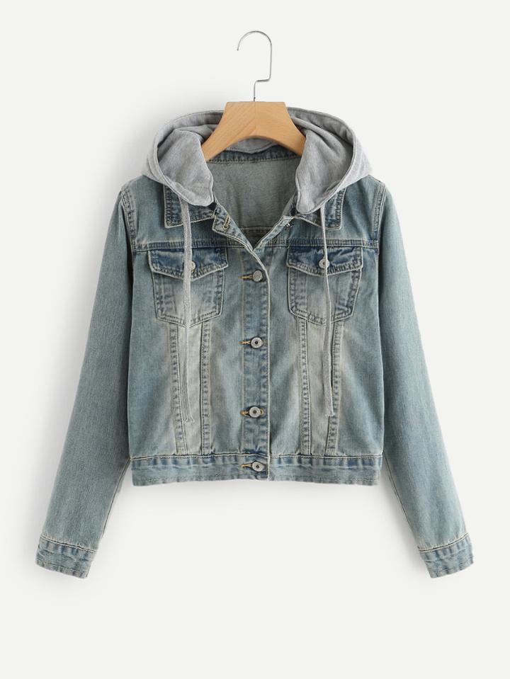 Shein Bleach Wash Hooded Denim Jacket