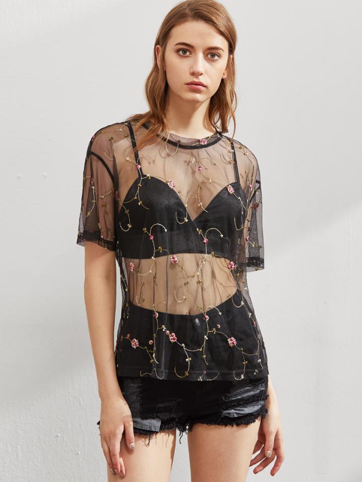 Shein Flower Applique Vine Tulle Top