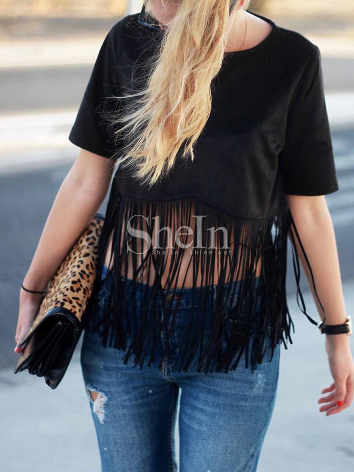 Shein Black Crew Neck Fringe Hem Blouse