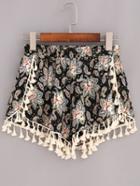 Shein Tassel Trimmed Paisley Print Shorts - Black