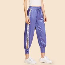 Shein Contrast Letter Tape Button Hem Slit Pants