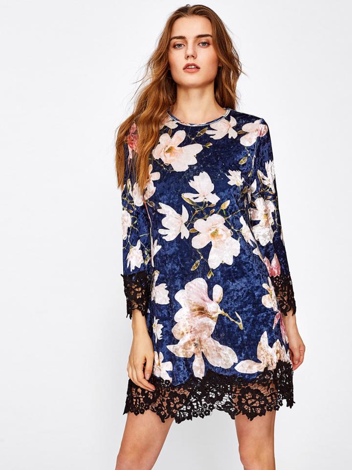 Shein Contrast Lace Hem Floral Crushed Velvet Dress