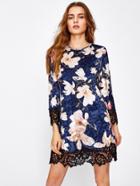 Shein Contrast Lace Hem Floral Crushed Velvet Dress