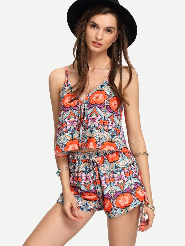Shein Orange Flower Print Cami Top With Shorts