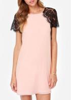 Rosewe Enchanting Lace Splicing Round Neck Pink Chiffon Dress