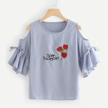 Shein Ruffle Sleeve Open Shoulder Floral Embroidered Blouse